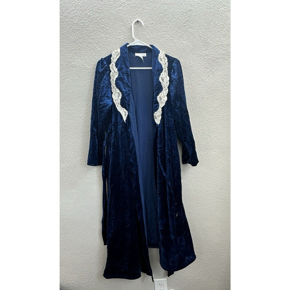 Komar Womens Robe Size Small Blue Velour Lace Nightgown Housecoat Vintage 80s - Picture 1 of 13
